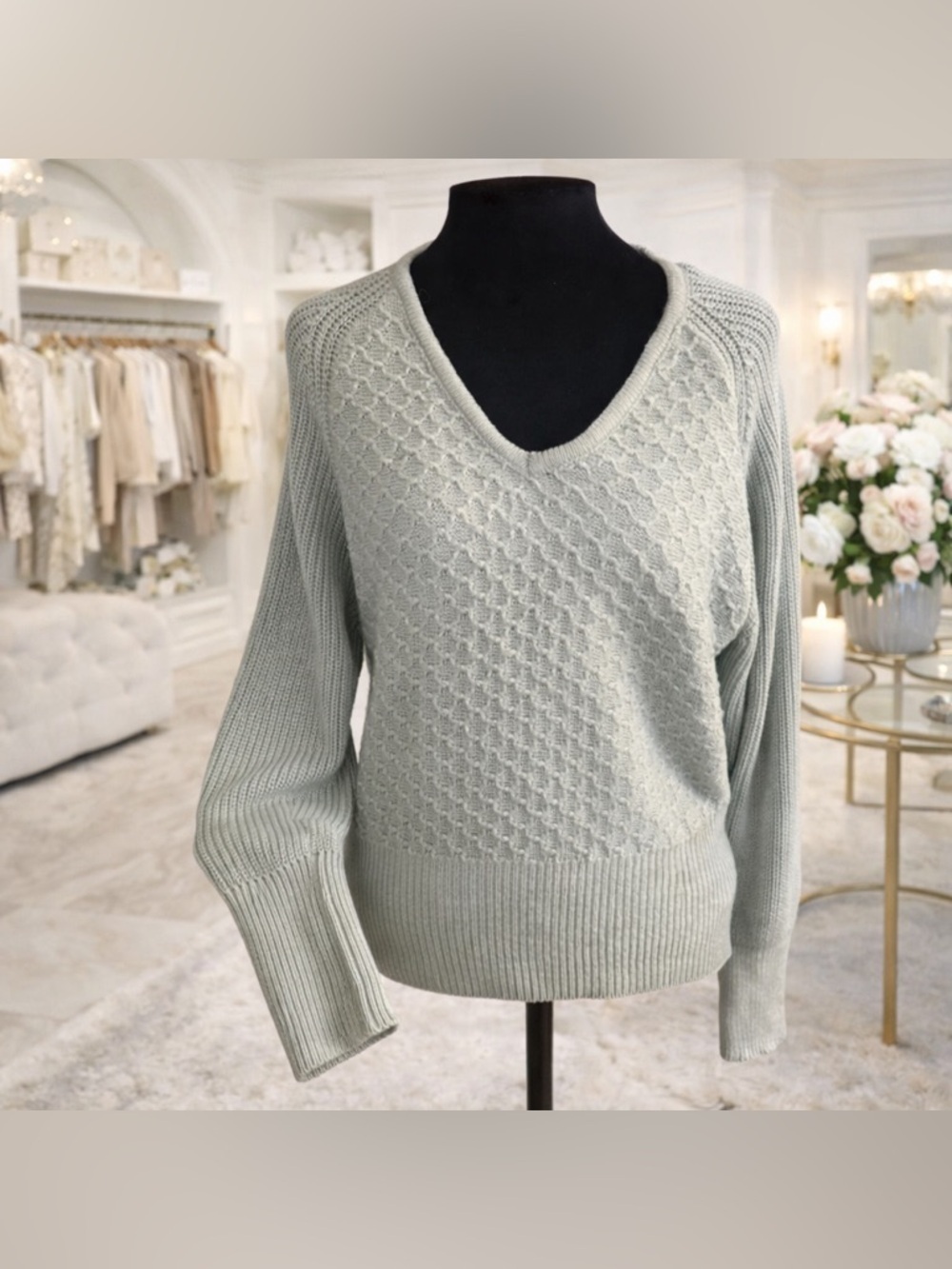 Women's Light Green V-Neck Sweater with delicate lace detail on back